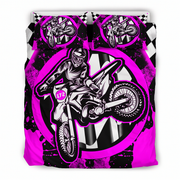 A motocross-themed bedding set featuring a duvet cover and two pillowcases with a bold graphic print of a dirt bike rider in black, white, and neon pink, set against a black and white checkered background.