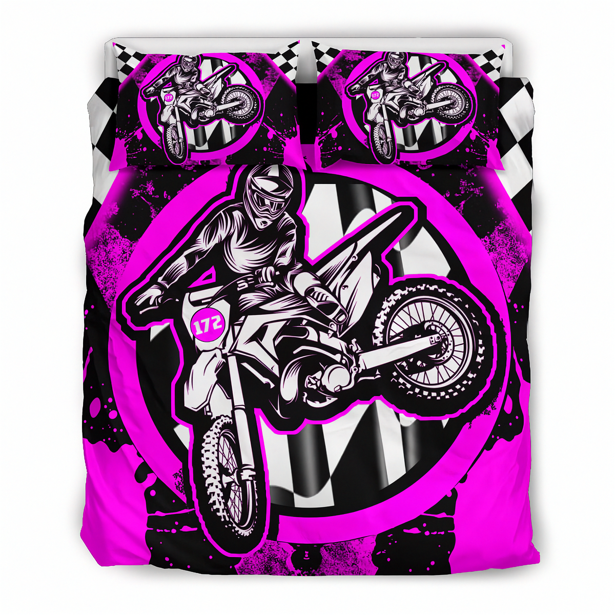 A motocross-themed bedding set featuring a duvet cover and two pillowcases with a bold graphic print of a dirt bike rider in black, white, and neon pink, set against a black and white checkered background.