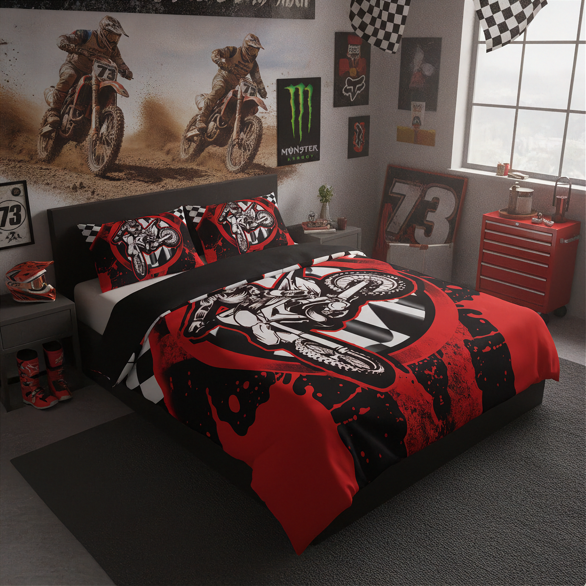 A motocross-themed bedding set featuring a red, black, and white graphic print with a skull and dirt-splatter design, styled in a modern, dark-themed bedroom with motocross posters, a red tool chest, and racing decals.