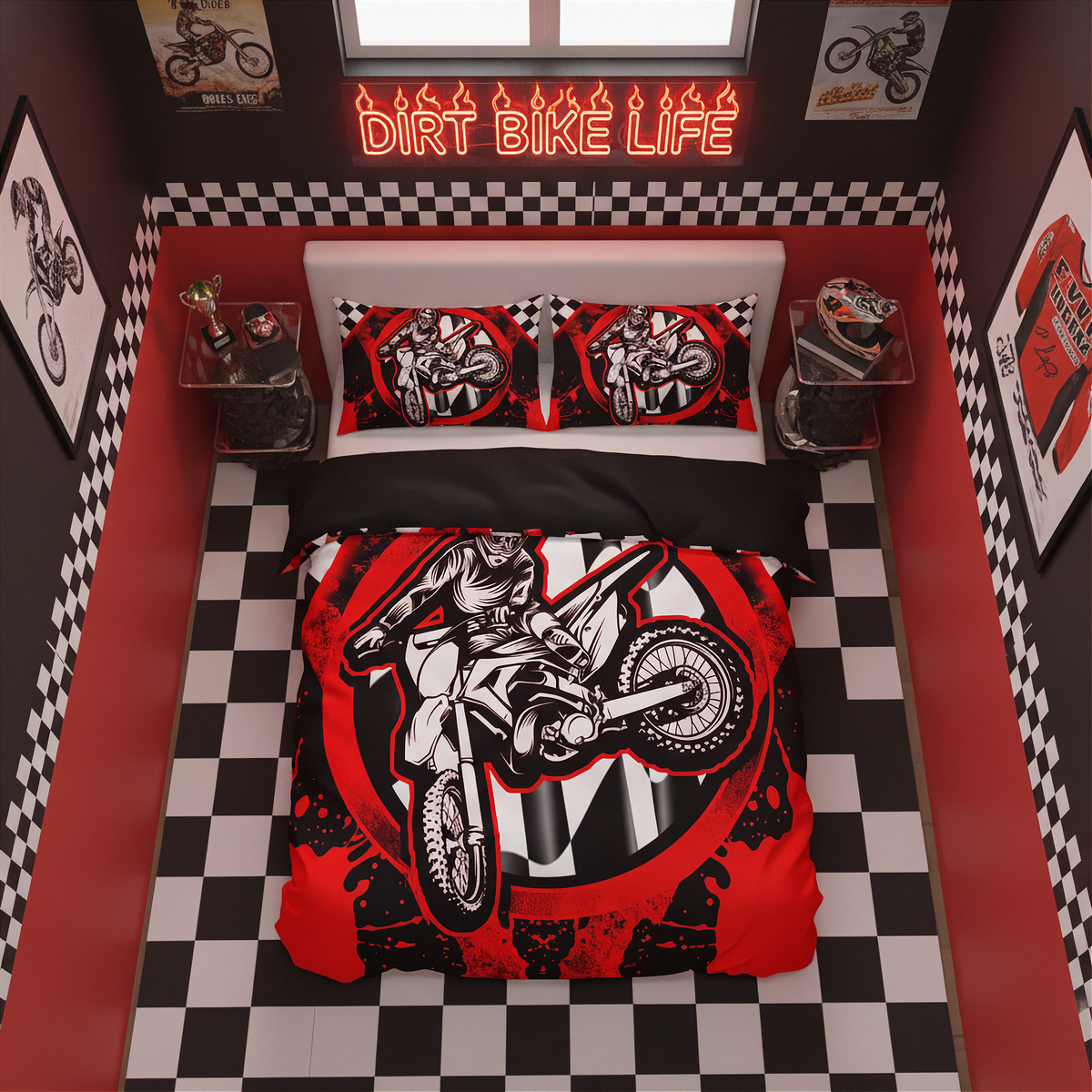A top-down view of a bed styled in a motocross-themed bedroom. The bedding set features a large graphic of a dirt bike rider on a red, black, and white circular background, with two matching pillowcases.