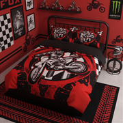 A bed dressed in a motocross-themed bedding set with a large black and red dirt bike graphic on the duvet and matching pillowcases, set in a red and black decorated bedroom.