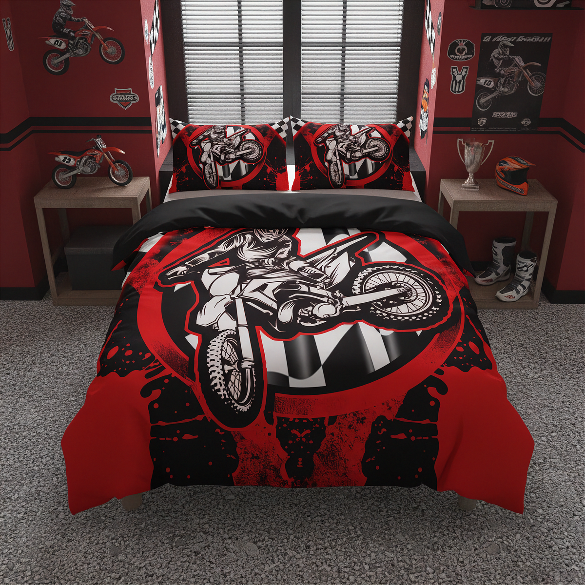 A motocross-themed bedding set featuring a duvet cover and two pillowcases with a bold red, black, and white graphic of a rider on a dirt bike over a checkered flag design, displayed in a red and black themed bedroom.