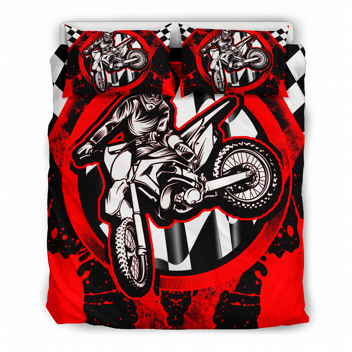 A bedding set featuring a duvet cover and two matching pillowcases with a high-contrast graphic print of a motocross rider on a dirt bike over a red, black, and white checkered background.