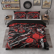 A motorcycle-themed bedding set featuring a bold red, black, and white graphic print of a cruiser motorcycle, shown on a bed with matching pillowcases in a styled bedroom setting.