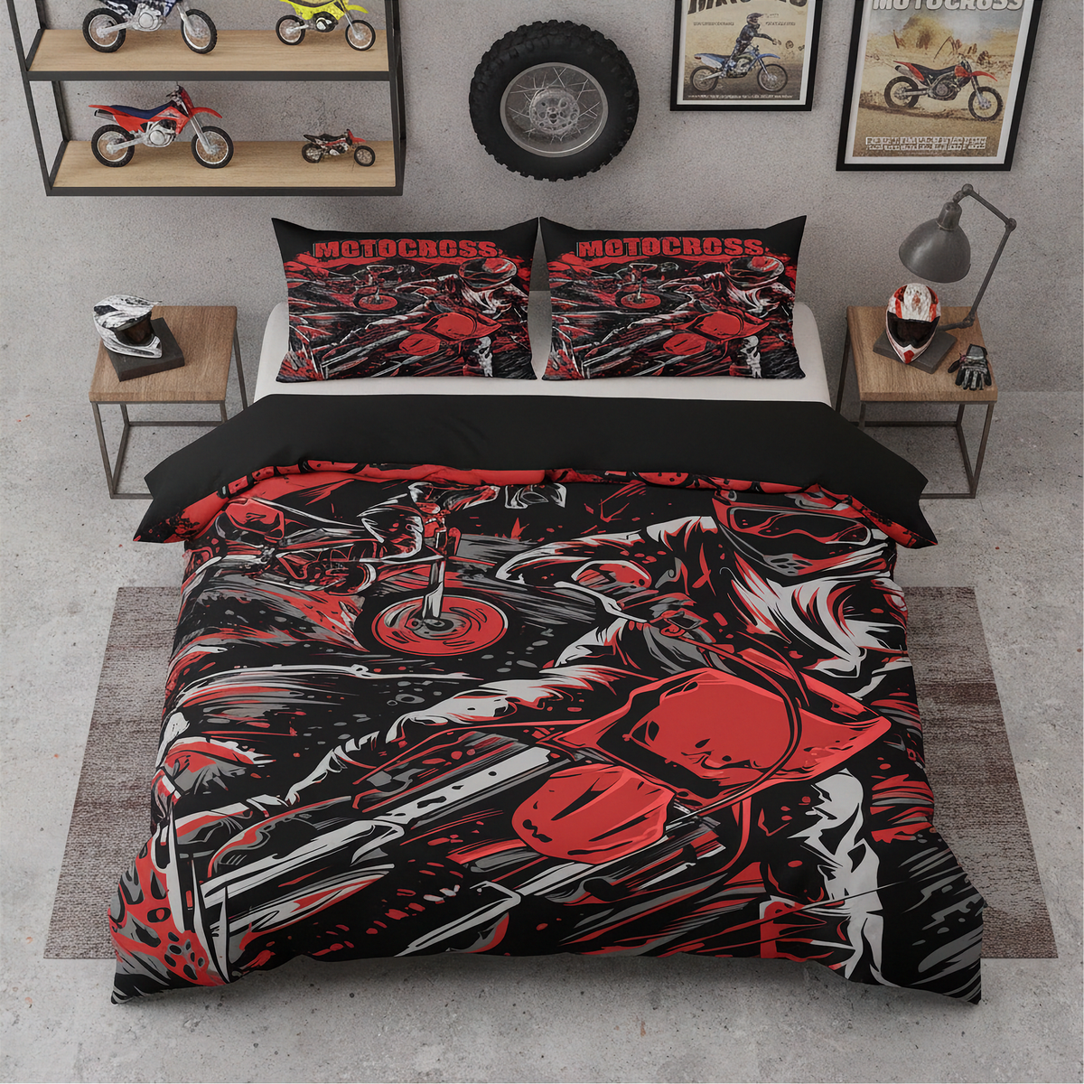 A motorcycle-themed bedding set featuring a bold red, black, and white graphic print of a cruiser motorcycle, shown on a bed with matching pillowcases in a styled bedroom setting.