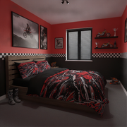 A styled bedroom featuring a bed with a red, black, and white skeleton motorcycle print comforter and matching pillowcases. The room has red and black checkered walls, framed motocross artwork, and a window with blinds.