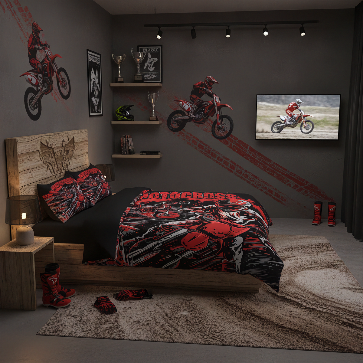 A kids' bedroom featuring a motocross theme with a bed dressed in a red, black, and gray patterned duvet cover and matching pillowcases. The room includes a wooden headboard, a TV showing a motocross scene, wall decals, and motocross boots on the floor.