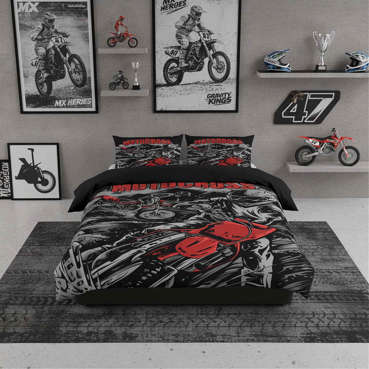 A motorcycle-themed bedding set displayed on a bed in a styled room. The set includes a duvet cover and two matching pillowcases with a black, gray, and red graphic print featuring a dirt bike and the word 'MOTORCYCLE'.