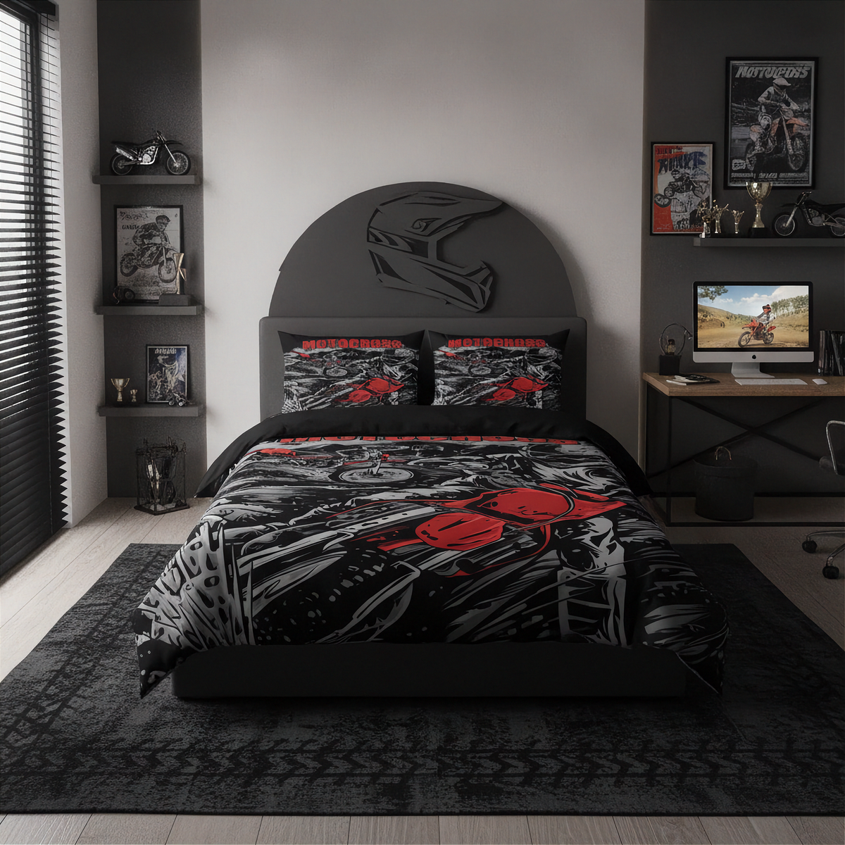 A motorcycle-themed bedding set with a duvet cover and two matching pillowcases, styled on a bed in a modern, dark-themed bedroom. The bedding features a black, gray, and red graphic print with a motorcycle and the word 'MOTORCYCLES'.