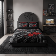 A motorcycle-themed bedding set with a duvet cover and two matching pillowcases, styled on a bed in a modern, dark-themed bedroom. The bedding features a black, gray, and red graphic print with a motorcycle and the word 'MOTORCYCLES'.