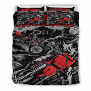 A motocross-themed bedding set featuring a duvet cover and two matching pillowcases with a high-contrast black, white, and red graphic print of riders and dirt bikes.