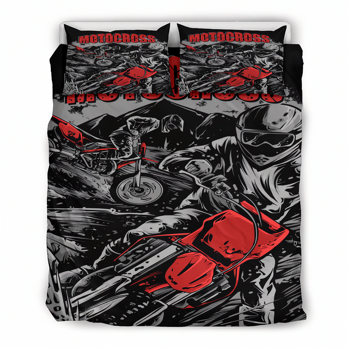 A motocross-themed bedding set featuring a duvet cover and two matching pillowcases with a high-contrast black, white, and red graphic print of riders and dirt bikes.