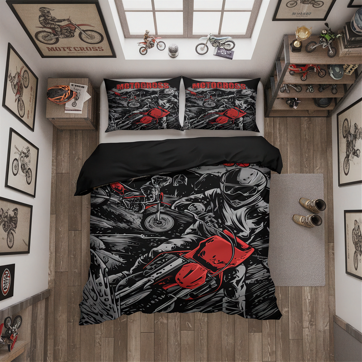A top-down bedroom scene showing a bed dressed in a black, white, and red motocross-themed bedding set with matching pillowcases. The room includes wood floors, wall art with bicycles, shelves with small bike decor, and a window above the bed.