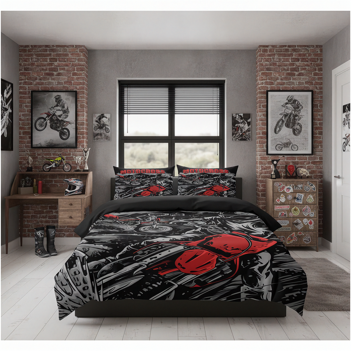 A motorcycle-themed bedding set with a black, gray, and red graphic print, styled on a bed in a modern bedroom with brick walls, wooden furniture, and framed motocross artwork.