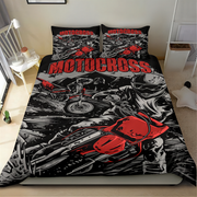 A motocross-themed bedding set featuring a duvet cover and two pillowcases with a bold black, white, and red graphic print of a rider and motorcycle, shown on a bed in a bedroom setting.