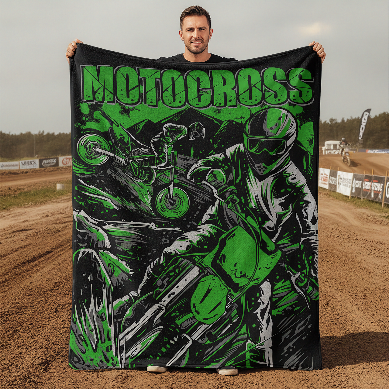 Man holding a 'Motocross' themed blanket with graphics of a rider on a dirt bike in an outdoor setting.