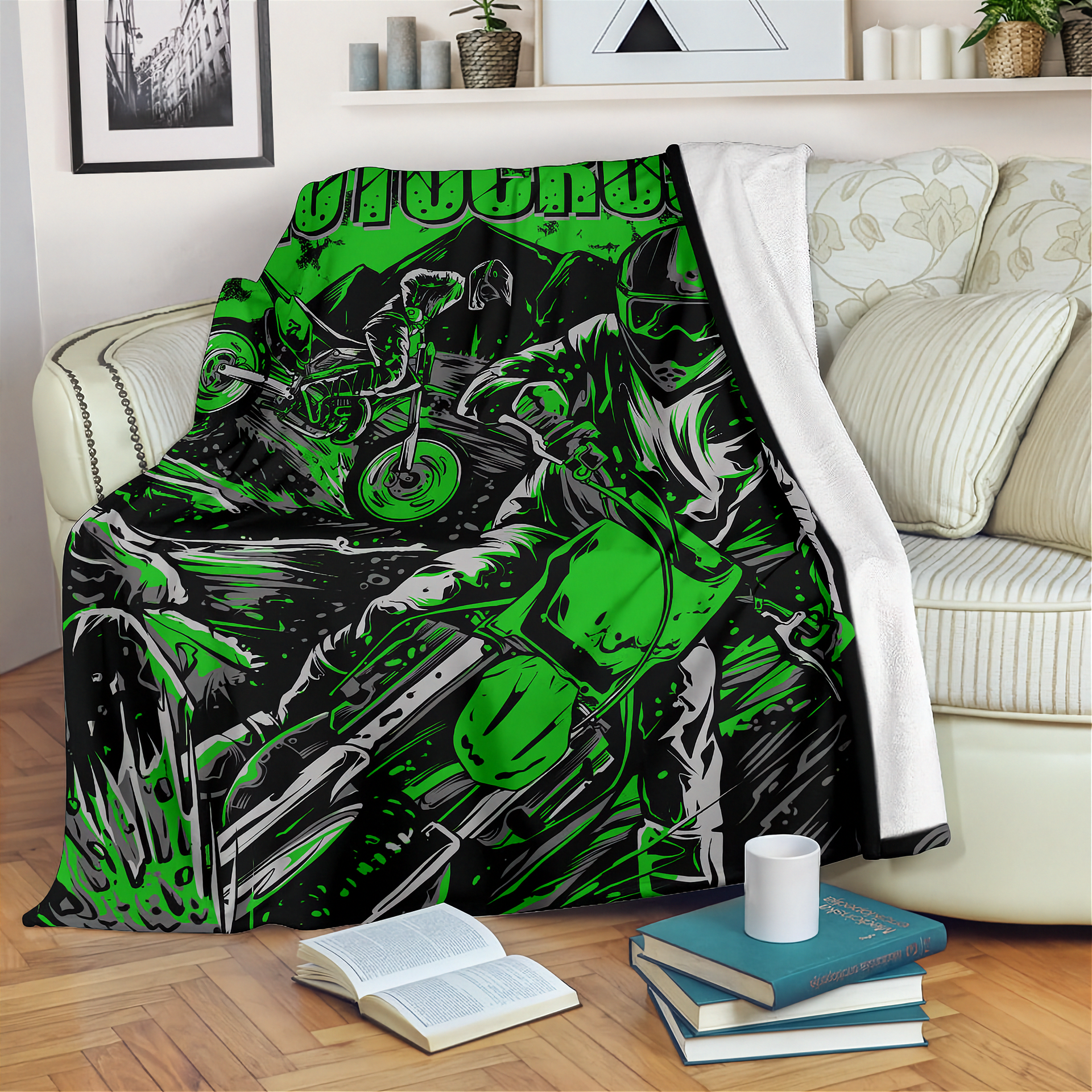 Motorcycle-themed blanket draped over a chair in a living room setting.