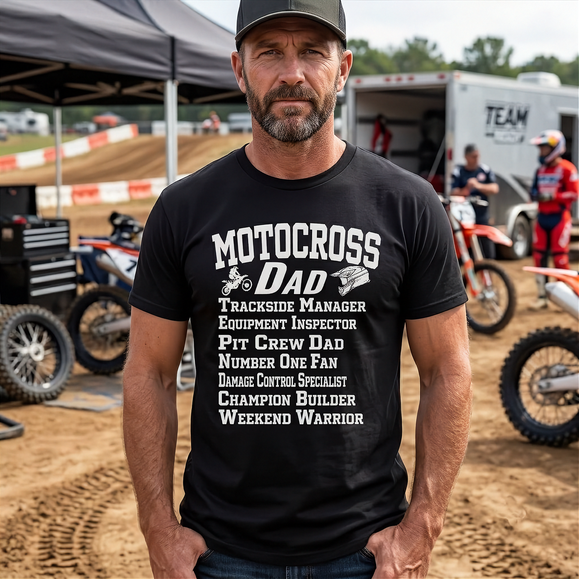 Man wearing a black t-shirt with 'Motocross Dad' text at a motocross event.