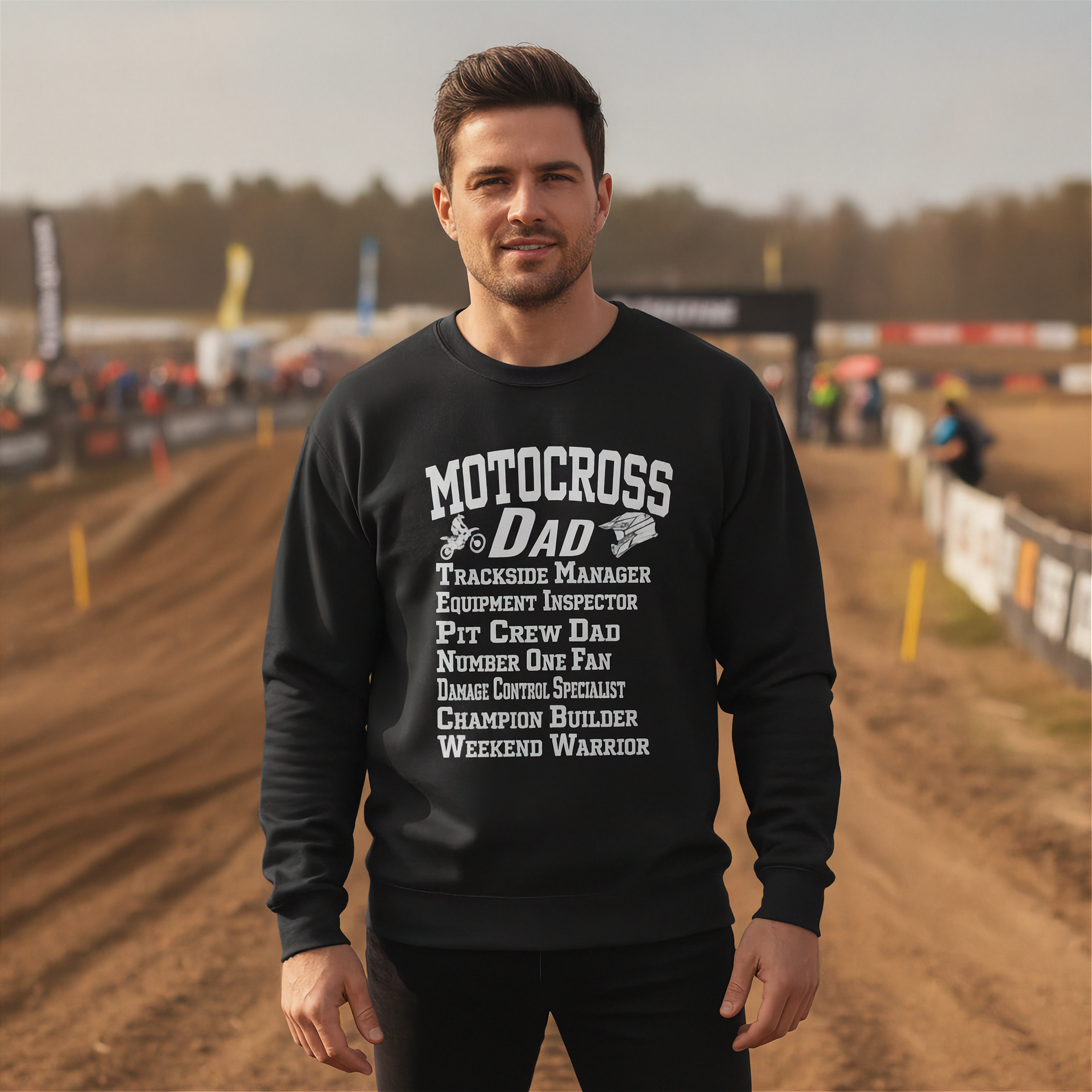 Man wearing a black sweatshirt with 'Motocross Dad' text on a dirt track background