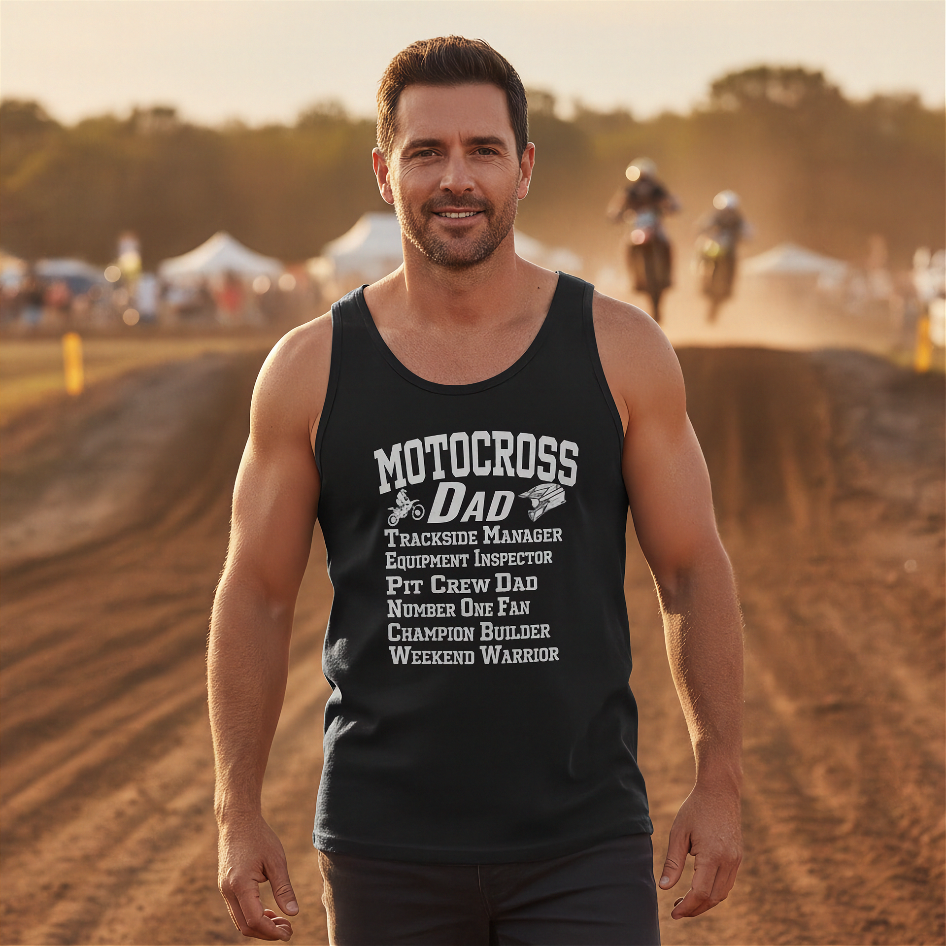 Man wearing a black tank top with 'Motocross Dad' text at a dirt track event.