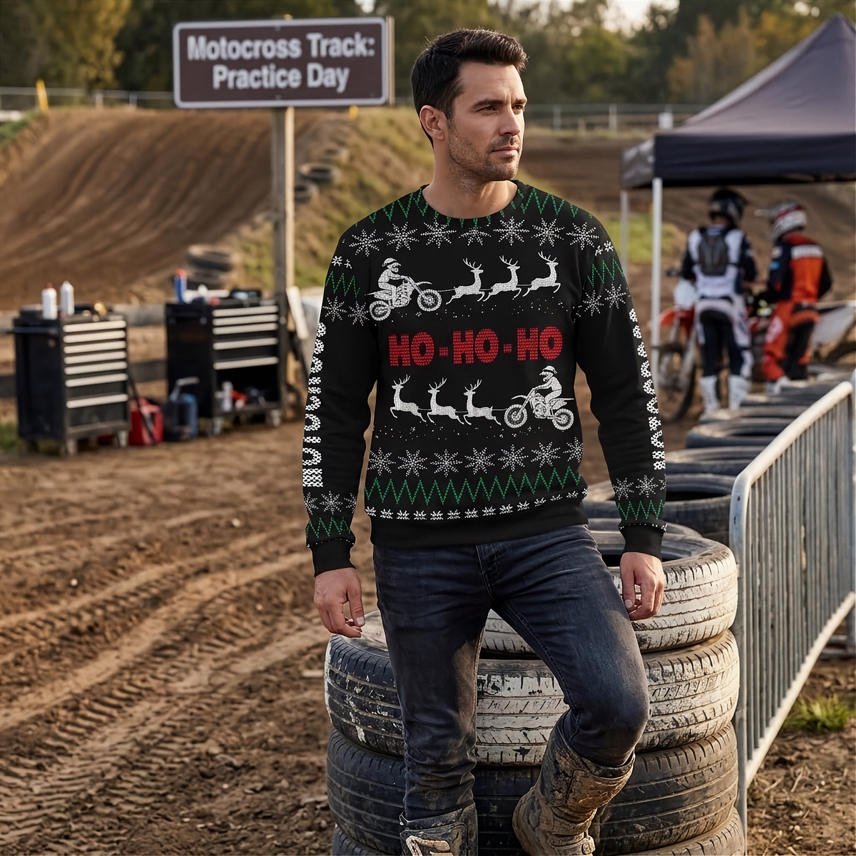 A man wearing a black Christmas-themed motocross sweater with green and red holiday graphics and 'HO-HO-HO' text, standing on stacked tires at a motocross track during practice day.