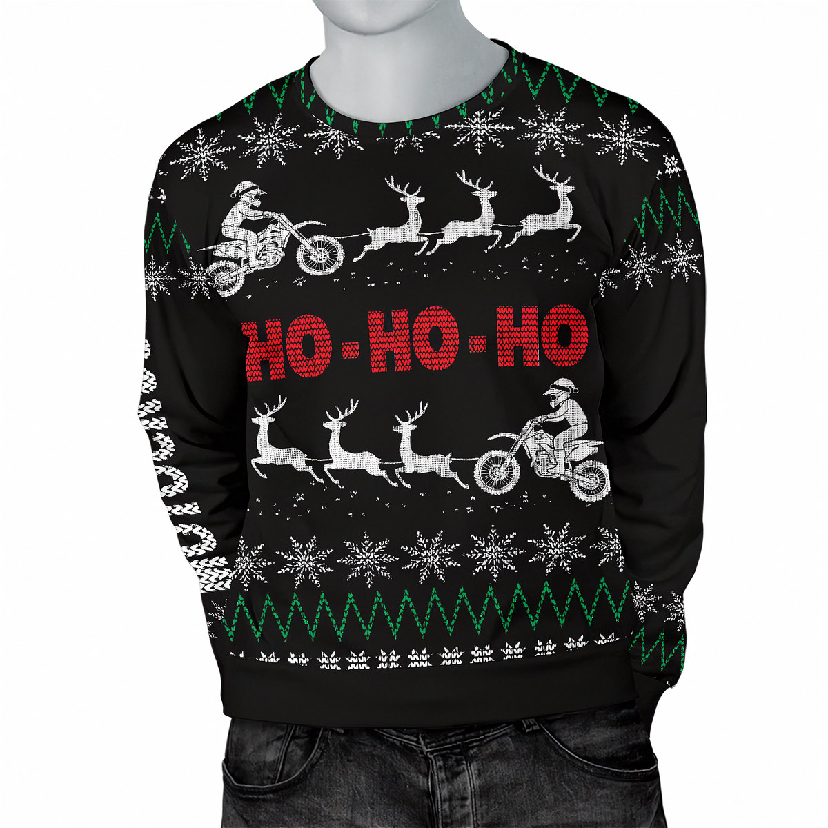 A black Christmas sweater with a festive holiday pattern, featuring white snowflakes, green zig-zag borders, white reindeer and Santa motifs, and red 'HO-HO-HO' text, displayed on a gray mannequin torso.