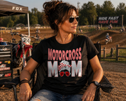 Motocross Mom apparel collection featuring premium women's t-shirts, lightweight racerback tanks, soft v-necks, and cozy fleece hoodies designed for dirt bike racing families.