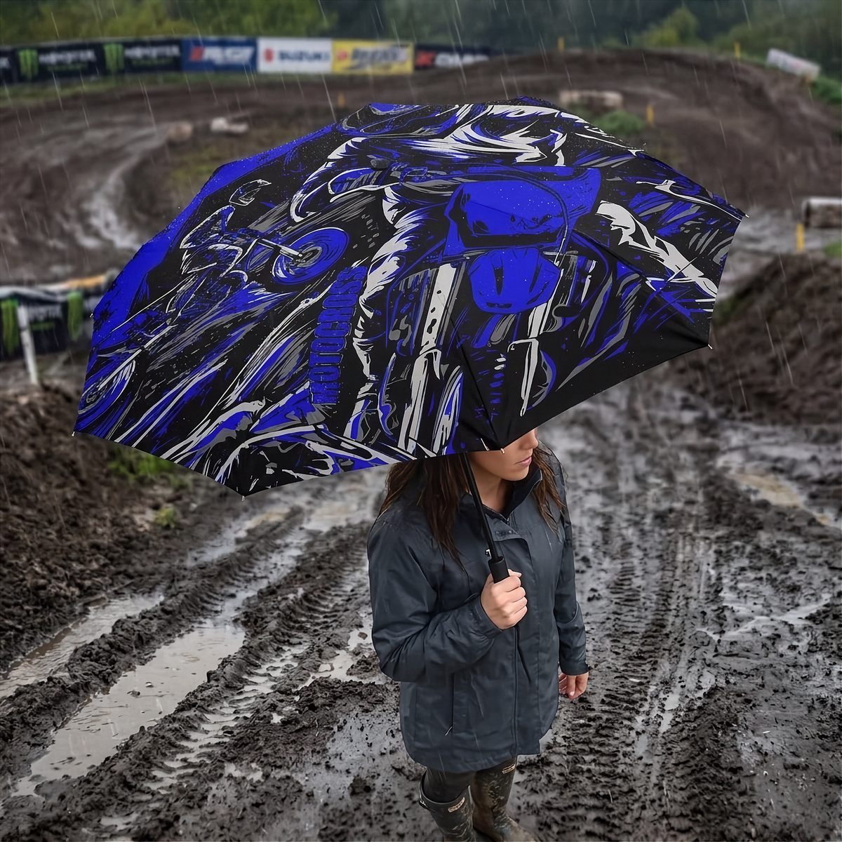 A person walking in the mud on a dirt track under a large black and blue graphic umbrella with a motorcycle design.
