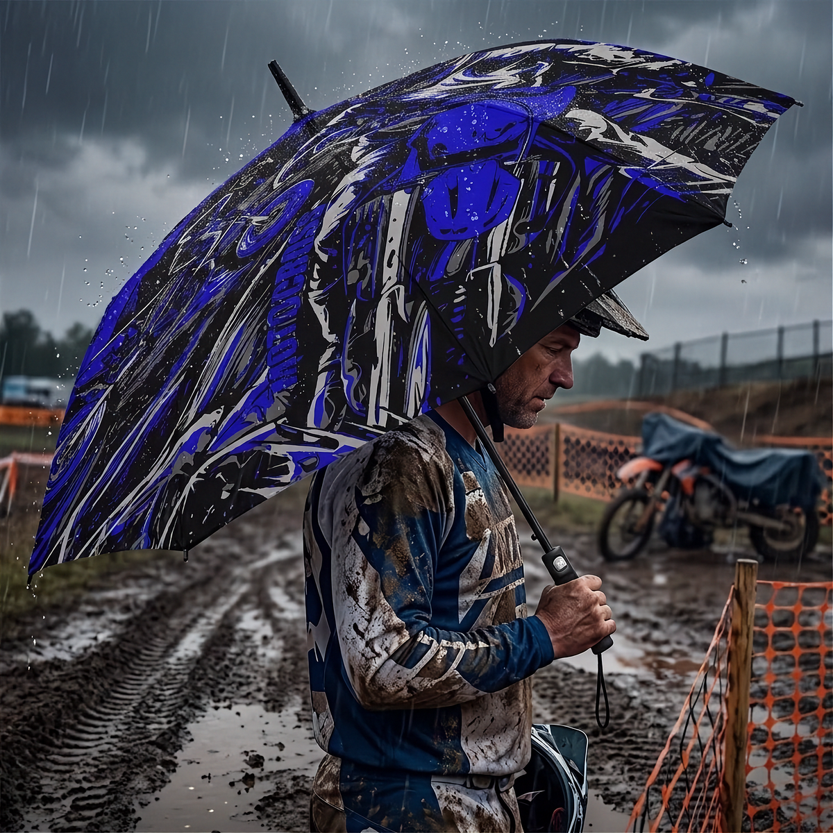 A man in a racing suit stands in the rain holding a large black umbrella with a bold Blue and white graphic print, set against a muddy outdoor track background.