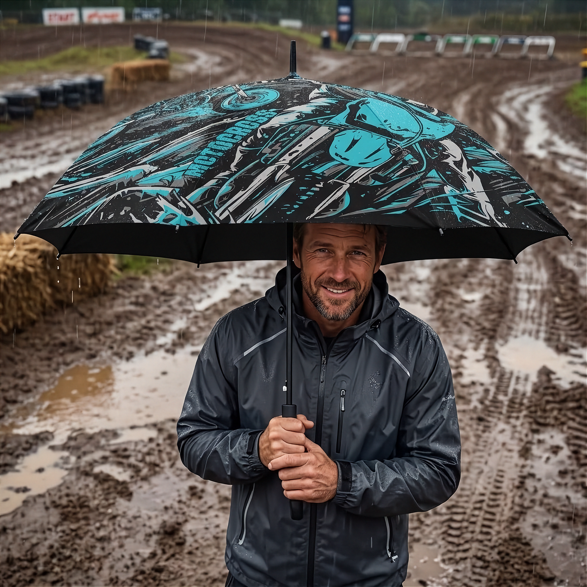 A man in a dark raincoat stands in the rain holding a large black umbrella with a bold Carolina Blue and white graphic print, set against a muddy outdoor track background.
