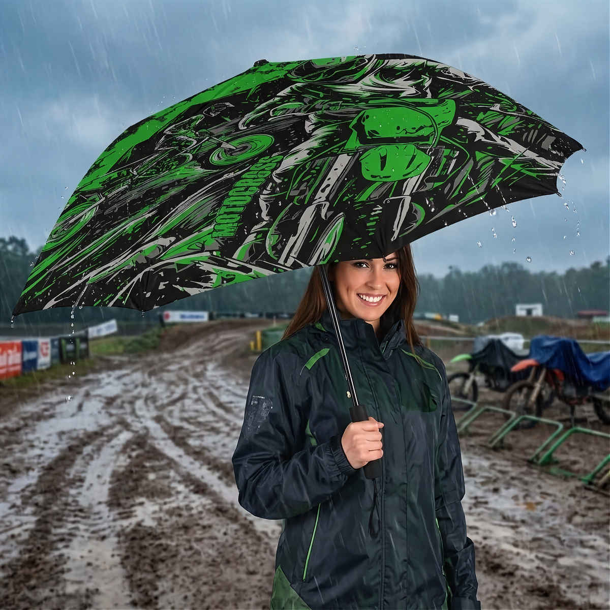 A woman in a black rain jacket stands in the rain holding a large black umbrella with a bright green and white graphic pattern. The background shows a muddy outdoor track under a cloudy sky.