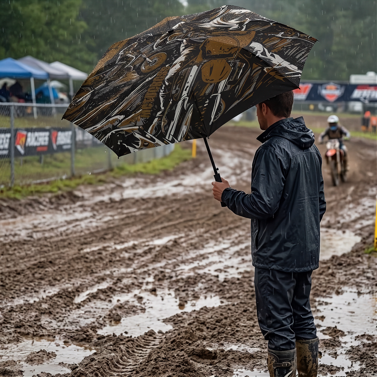 A person in a black rain jacket and pants stands on a muddy race track holding an open umbrella with a black, brown, and white racing-style graphic pattern. A motocross rider is visible in the background on a wet track.
