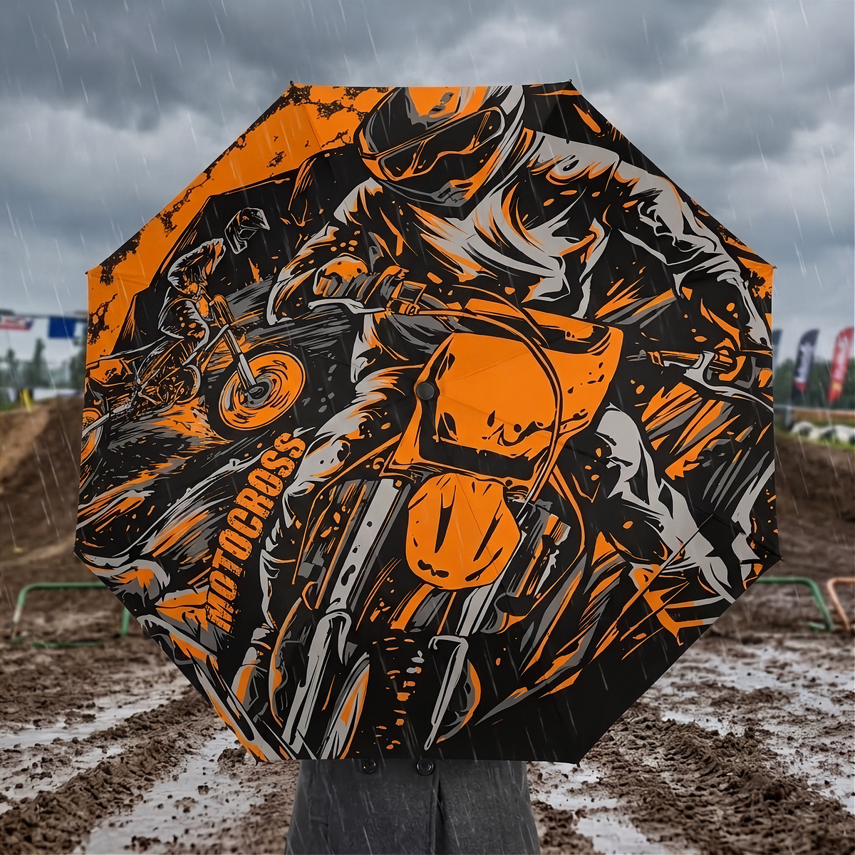An open octagonal umbrella with a bold orange and black motocross graphic print, held up in the rain over a muddy outdoor track.