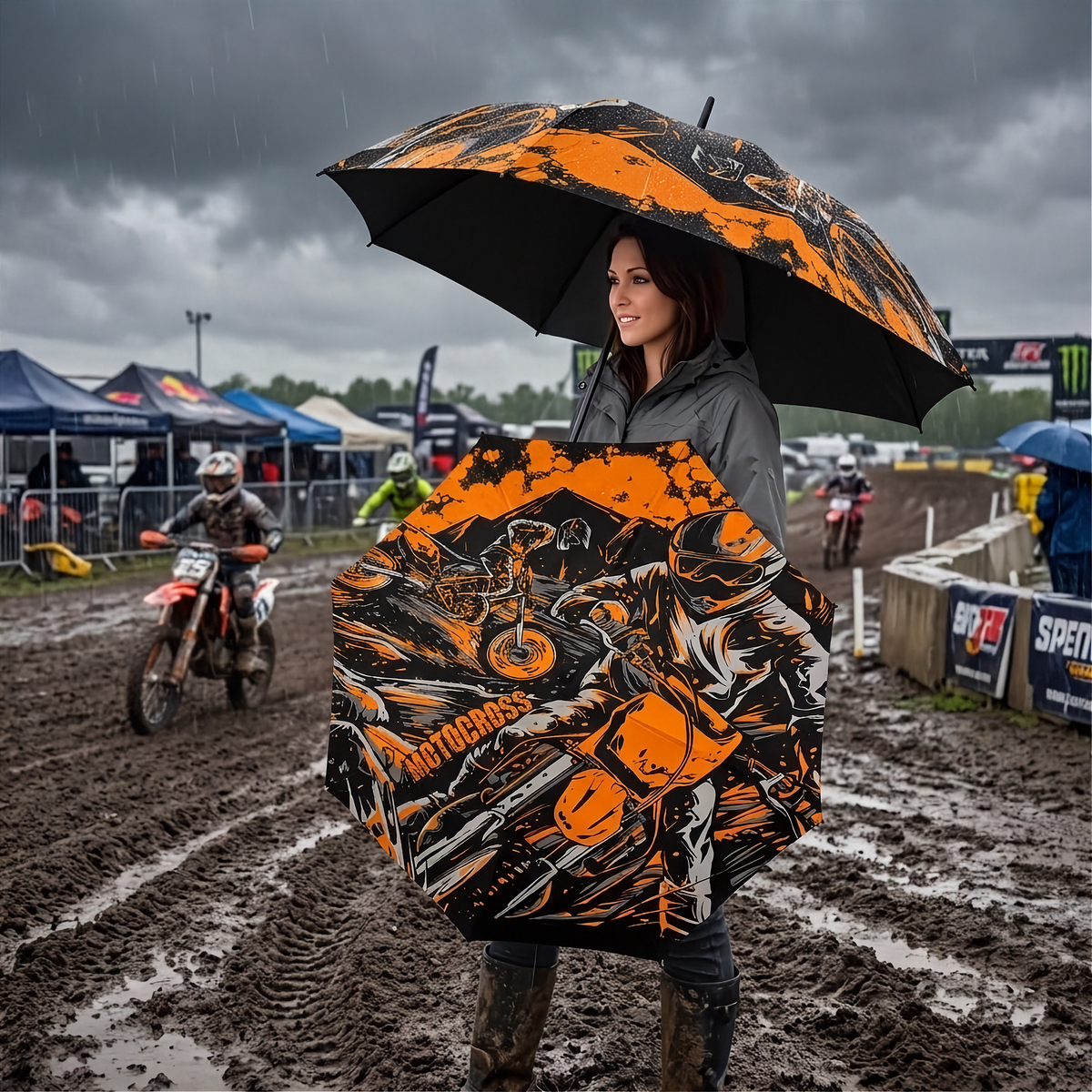 A woman standing in a muddy outdoor motocross track under a rainy, overcast sky, holding a large black and orange umbrella with a graphic motorcycle print. The background shows dirt bikes, tents, and other racers in the rain.