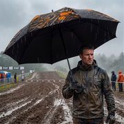 A man in a dark raincoat stands in the rain holding a large black umbrella with a bold orange and white graphic print, set against a muddy outdoor track background.