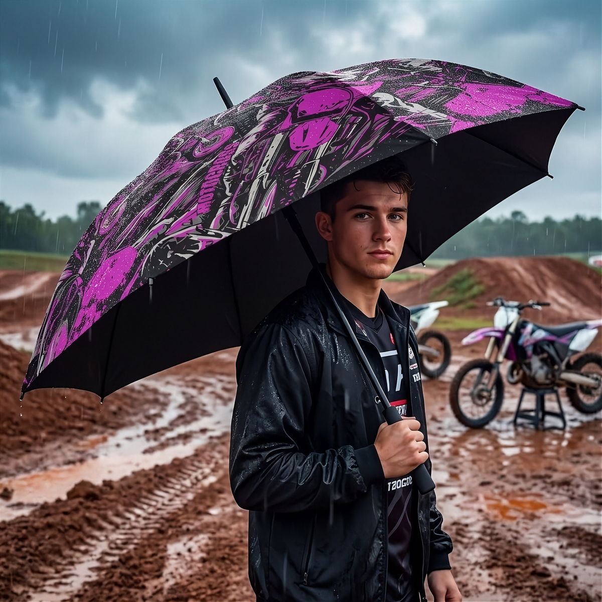 A man in a dark coat stands in the rain holding a large open umbrella with a bold pink, black, and white graphic pattern. The background shows a muddy outdoor dirt bike event.