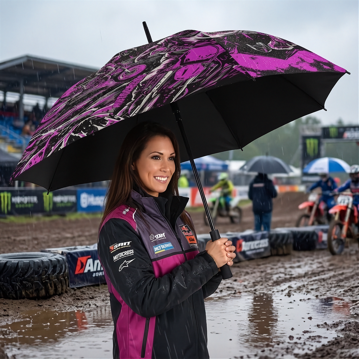 A woman in a pink and black motocross racing jacket holds a large black umbrella with a vibrant pink and black graphic pattern, standing in a muddy racetrack during a rainy day.