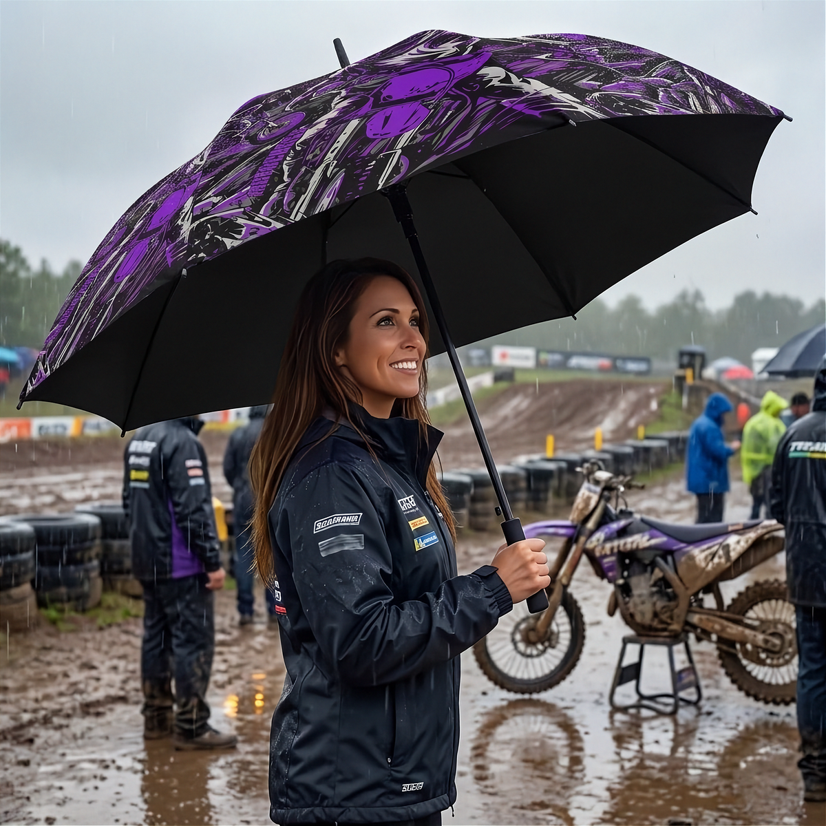 A woman in a black motorcycle jacket stands under a black and purple patterned umbrella on a muddy racetrack, with a dirt bike and other riders in the background.