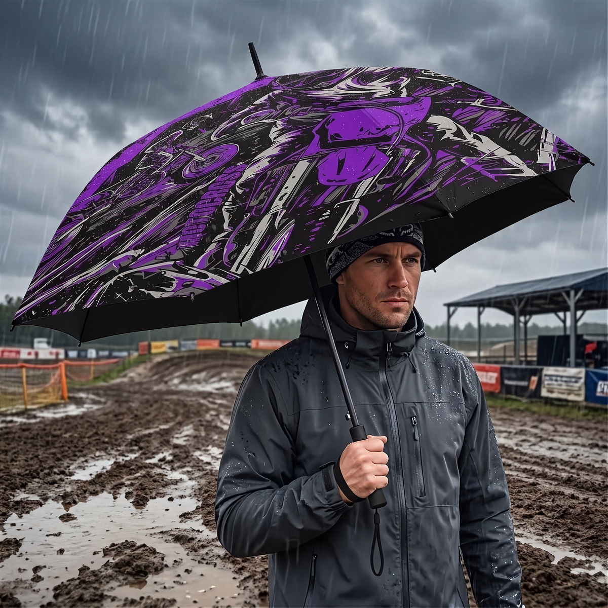 A man in a dark rain jacket stands in the rain holding a large open umbrella with a bold purple, black, and white graphic pattern. The background shows a muddy track under a dark, rainy sky.