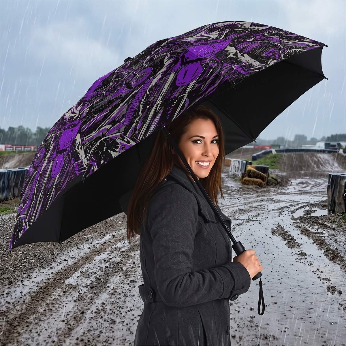 A woman in a dark gray coat stands in the rain holding a large open umbrella with a purple, black, and gray graphic pattern. The background shows a muddy outdoor track or lot under a cloudy sky.