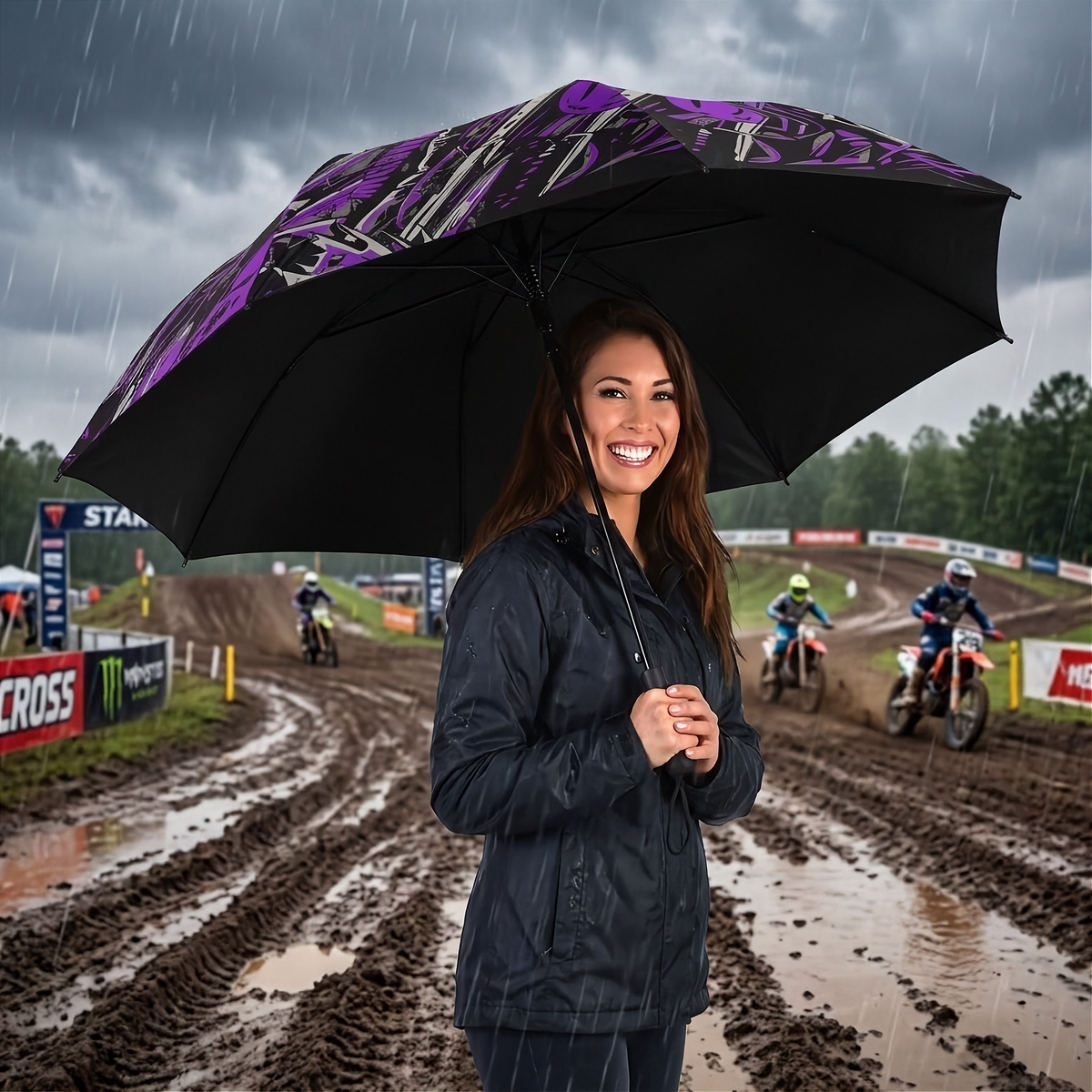 A woman smiling under a large black umbrella with a purple and white graphic pattern, standing in the rain on a muddy dirt track with motocross riders in the background.