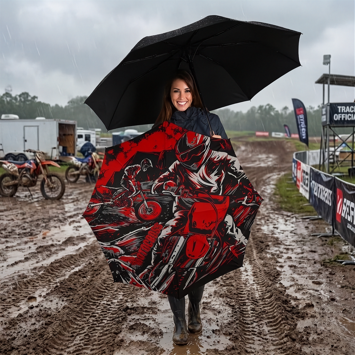 A woman standing on a muddy race track in the rain, holding a large black umbrella and a matching black, red, and white motorcycle-themed rain poncho. Dirt bikes and event banners are visible in the background.