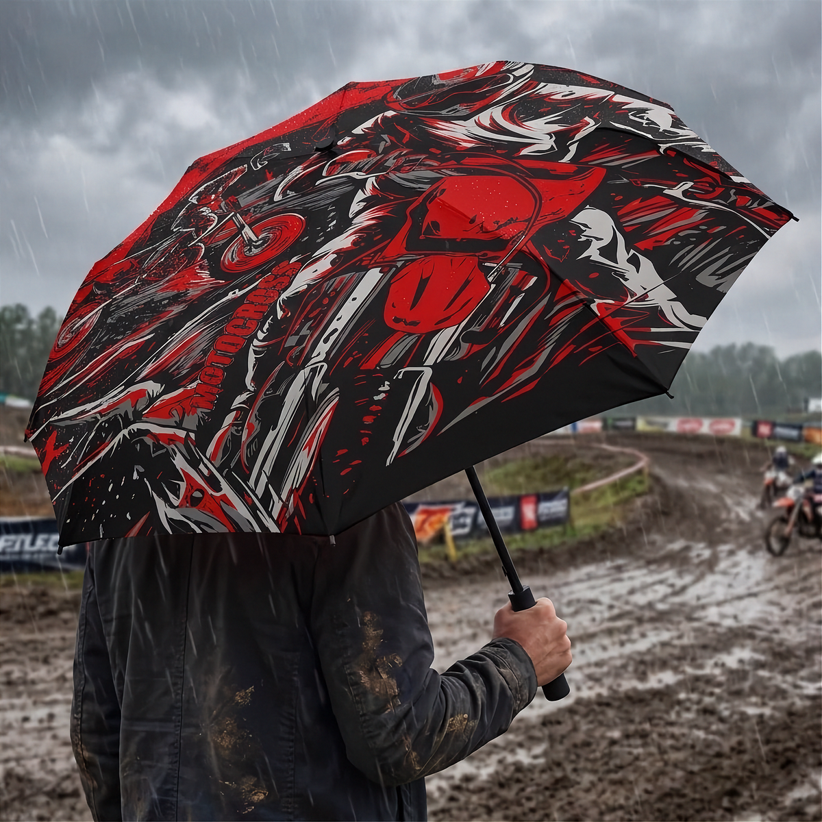 A person holding a large open umbrella in the rain at a muddy outdoor track. The umbrella has a bold graphic print in red, black, and white, featuring stylized motorcycle and racing imagery.