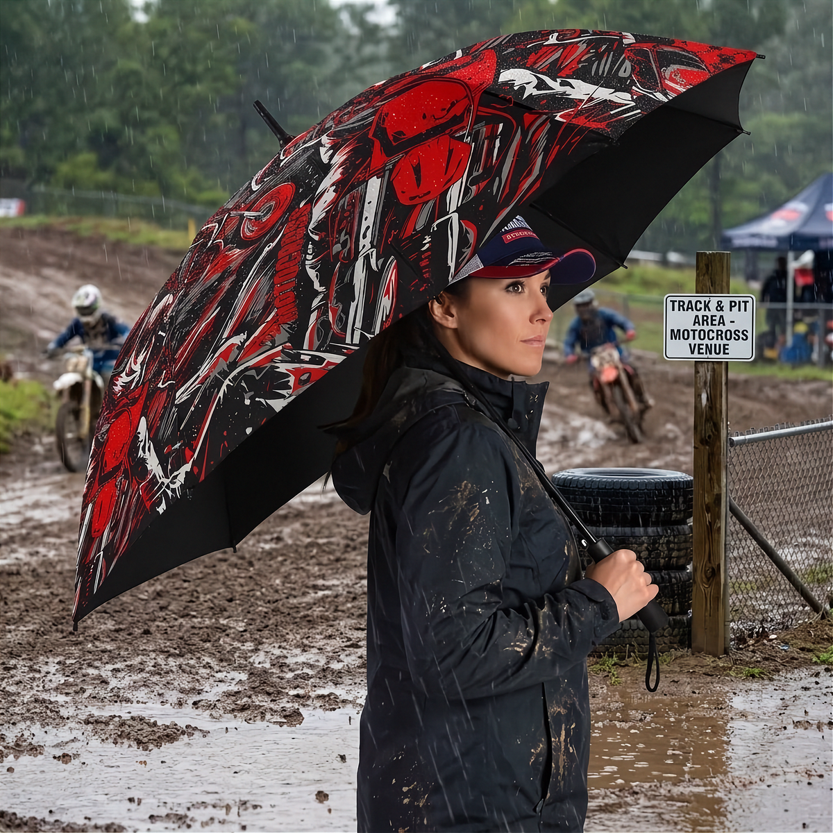 A woman in a black rain jacket stands under a large black umbrella with a bold red, white, and black graphic pattern, holding it in the rain at a muddy motocross track. A sign on the right reads 'TRACK & PIT AREA MOTOCROSS VENUE'.