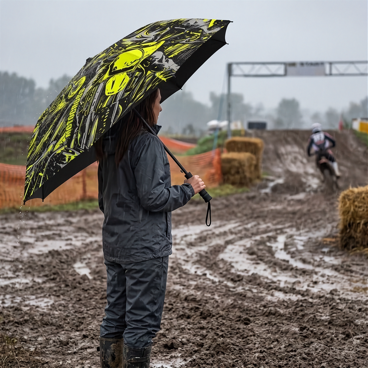 A person in a gray waterproof suit holding a black and neon yellow patterned umbrella on a muddy outdoor track, with a motorcyclist blurred in the background.