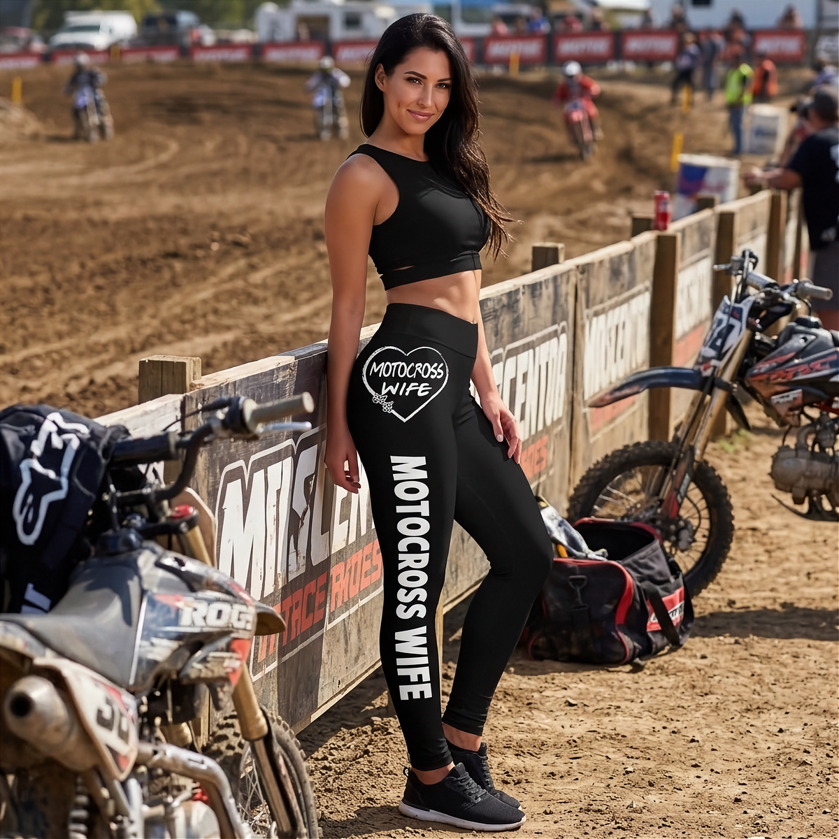A woman stands at a dirt motocross track wearing black athletic leggings with white text reading 'MOTORCROSS WIFE' and a heart graphic that says 'MOTOCROSS WIFE', along with a black crop top. Dirt bikes and track barriers are visible in the background.