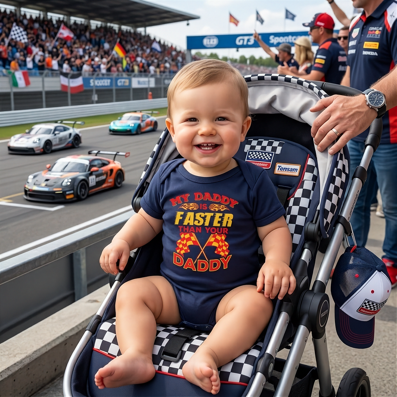 Child in a stroller at a race track with racing cars and flags in the background