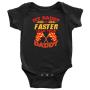 Black baby onesie with racing-themed text and graphics on a white background