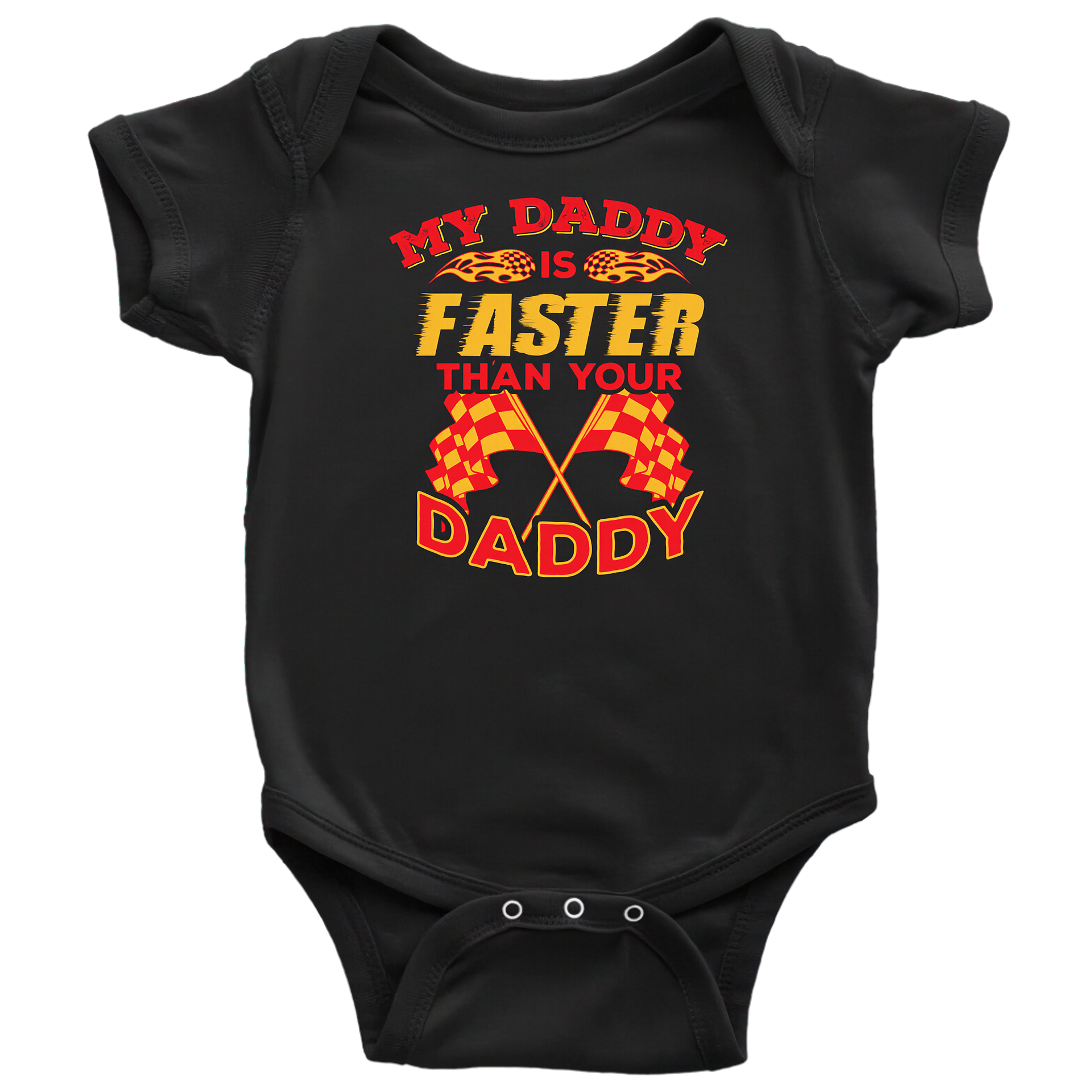 Black baby onesie with racing-themed text and graphics on a white background