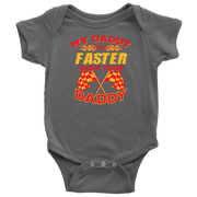 Gray baby onesie with racing-themed text and graphics on a white background